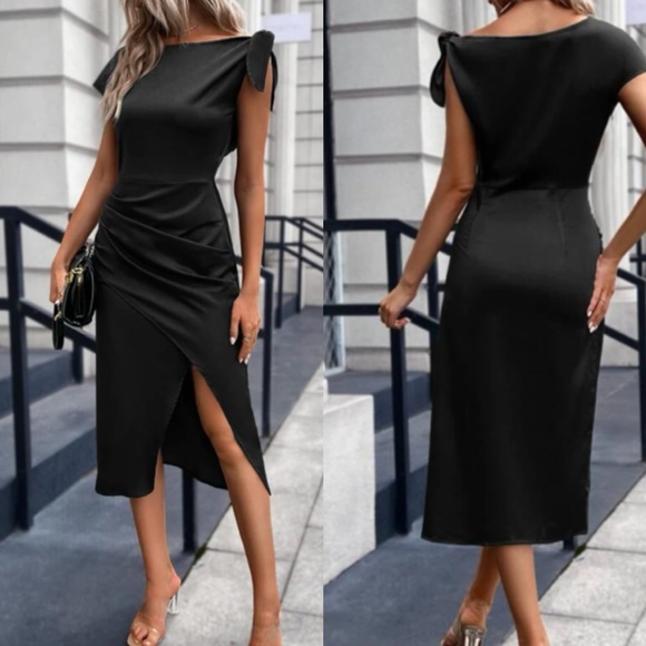 Luxe asymmetrical hem tulip sleeve satin midi dress - Picture 2 of 3